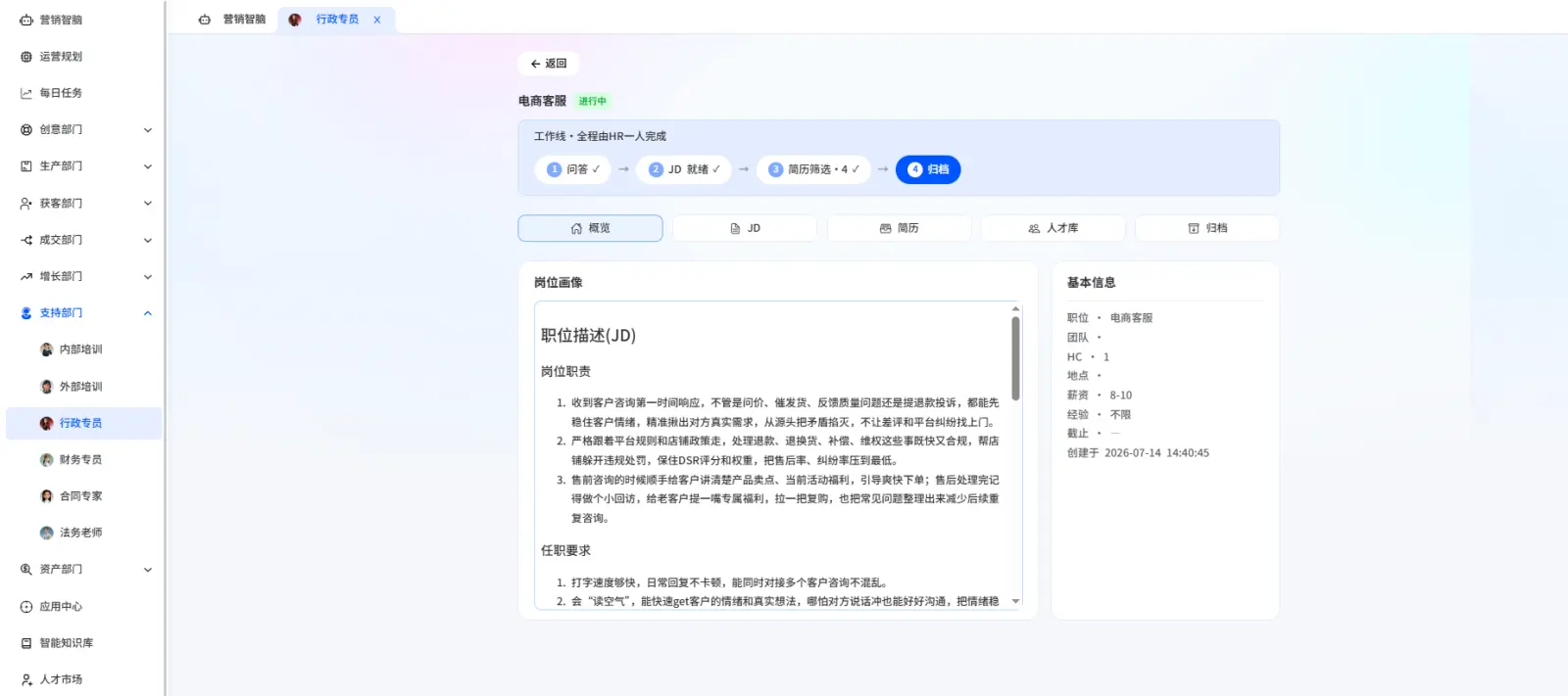 营销智脑AI招聘岗位概览与招聘流程状态界面