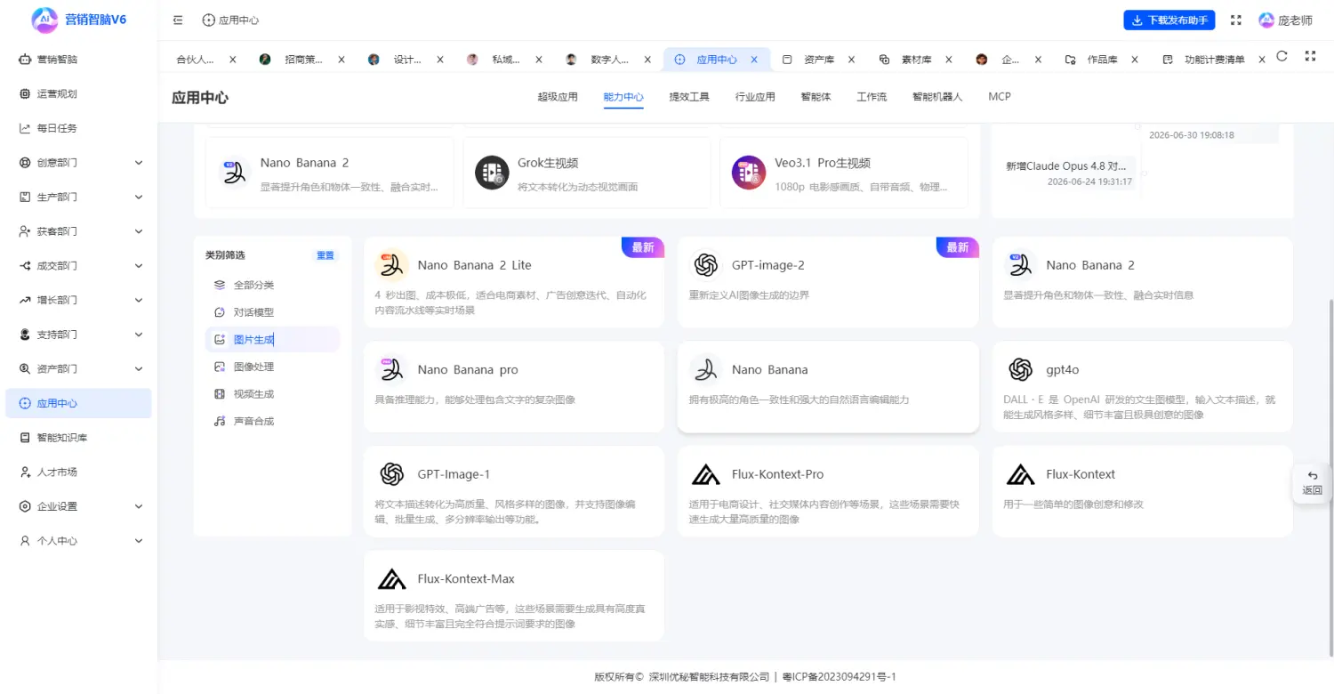 营销智脑应用中心图片生成模型矩阵，包含GPT Image-2和Nano Banana等模型