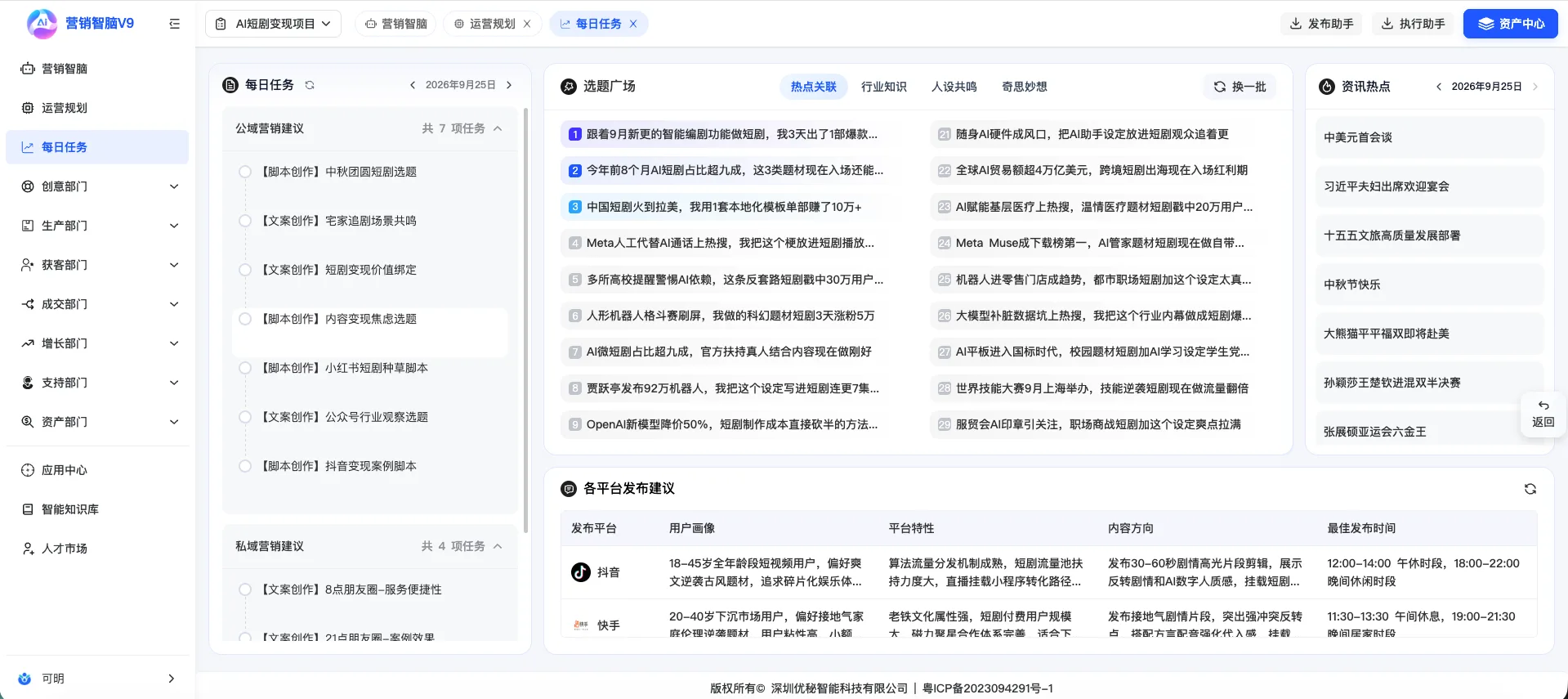 营销智脑V9每日任务选题广场与平台建议真实界面