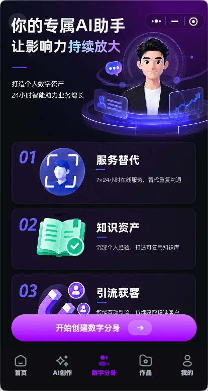 灵秘数字分身专属 AI 助手界面,展示服务替代、知识资产和引流获客能力